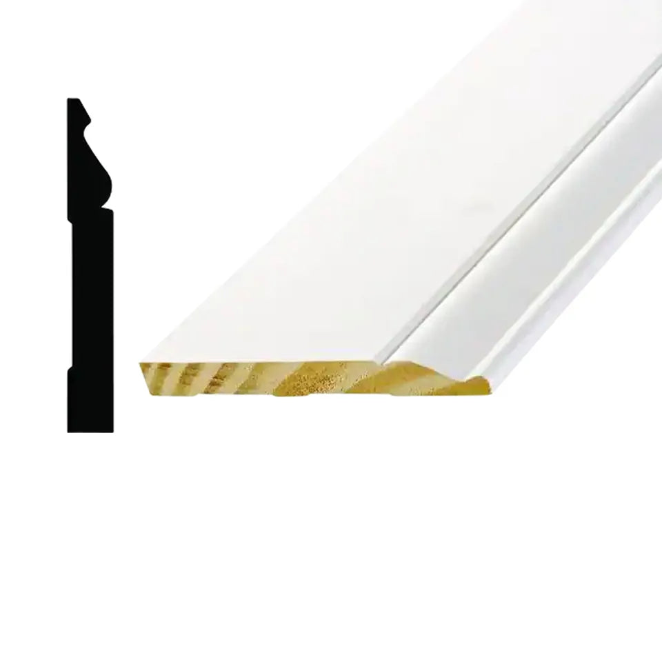 The Go Build 9/16 in. x 5-1/4 in. x 8 ft. Primed White Finger-Jointed Poplar Wood Baseboard Moulding is shown angled, highlighting its decorative profile and a black cross-section silhouette on the left.